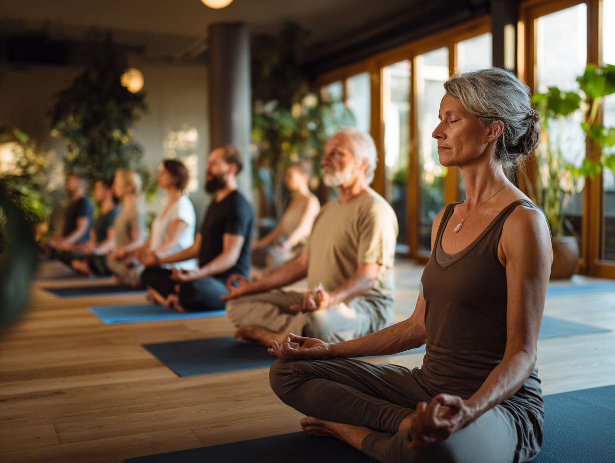 Skupina ľudí rôzneho veku praktizujúcich jógu v pokojnom prostredí