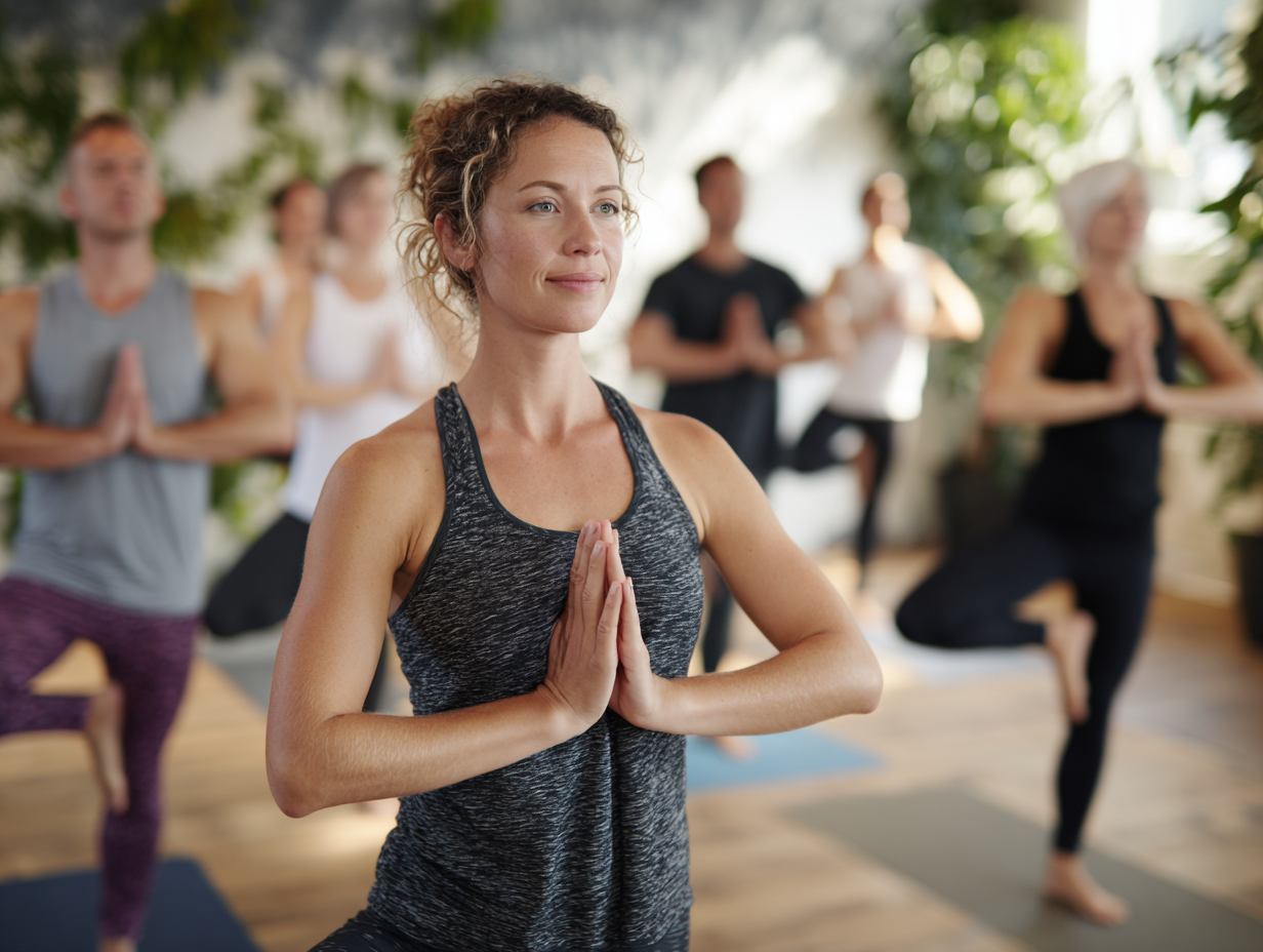 Hlavná jógová sála s ľuďmi rôzneho veku praktizujúcimi jógu